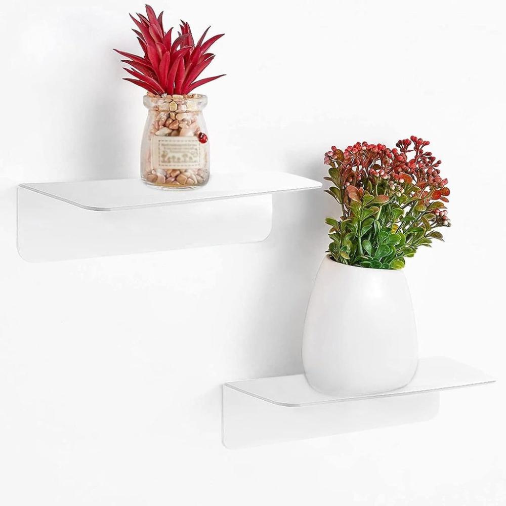 Acrylic Floating Wall Shelves Set of 2 with Cable Clips (White)