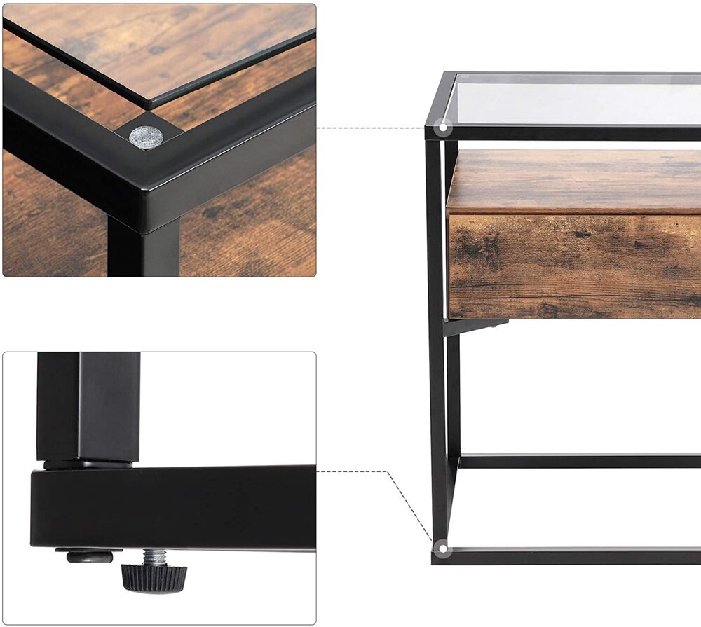 Tempered Glass Side Table with Drawer and Shelf