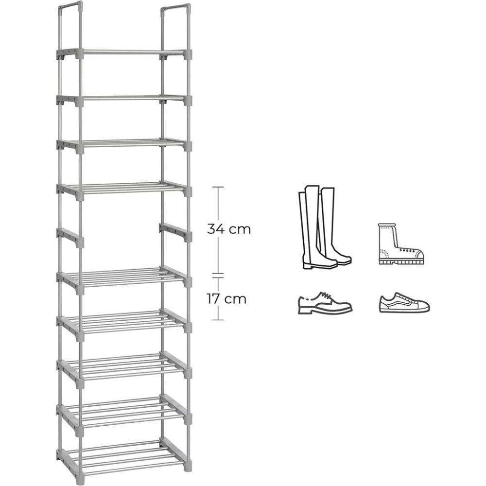 10-Tier Metal Shoe Rack Customizable Design - Grey