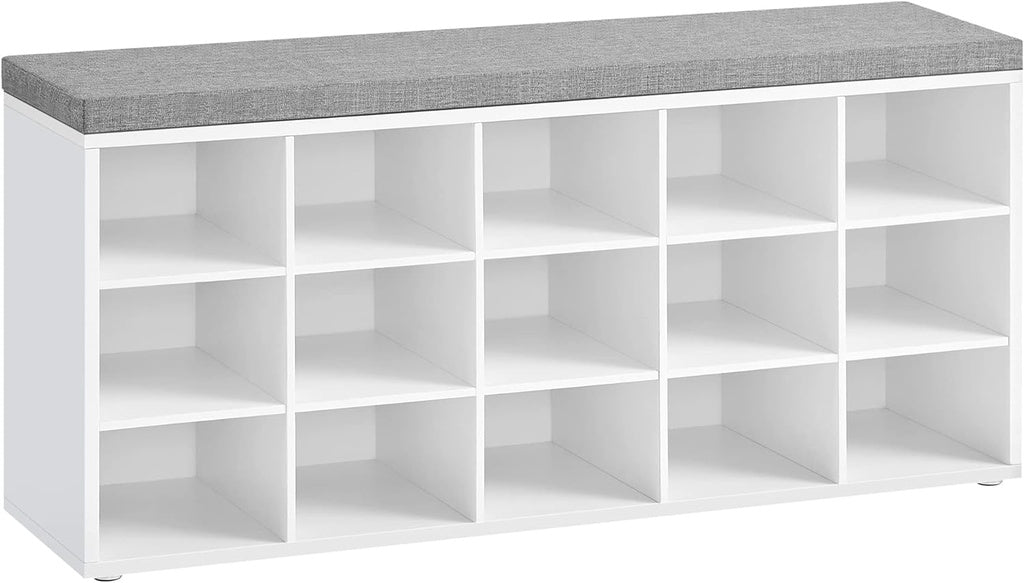 Storage Shoe Bench 15 Compartments with Cushion - White and Grey