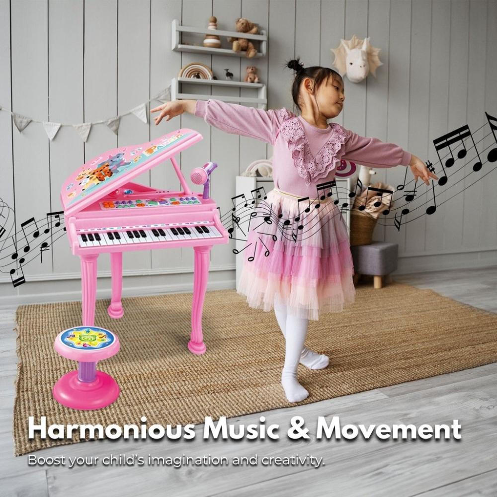 Kids Electronic Piano Keyboard Toy with Microphone and Chair (Pink)