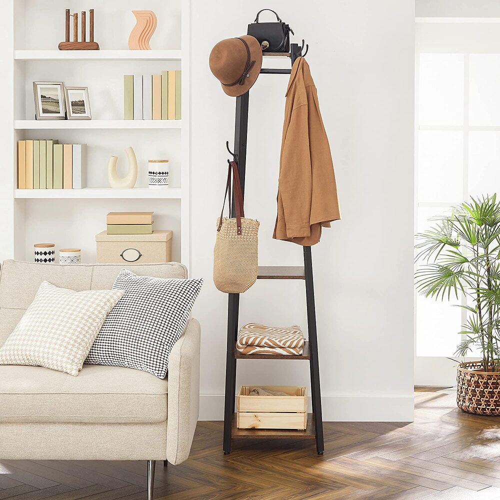 Coat Rack with 3 Shelves - Rustic Brown and Black