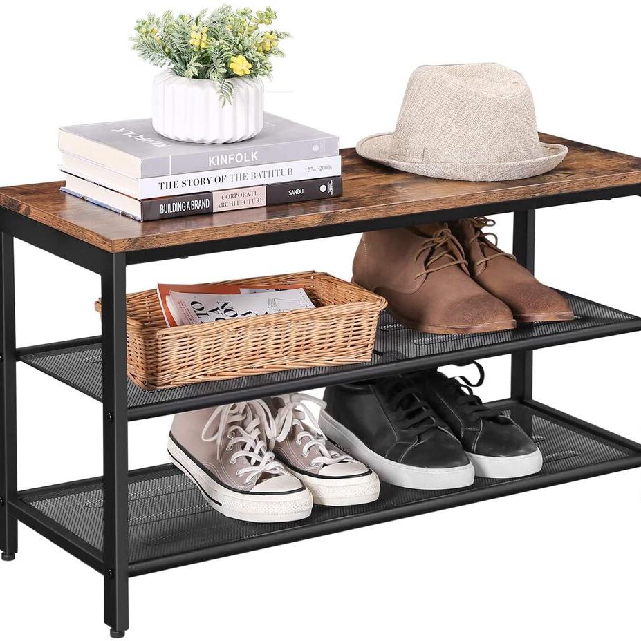 3 Tier Shoe Storage Bench 80cms - Rustic Brown and Black