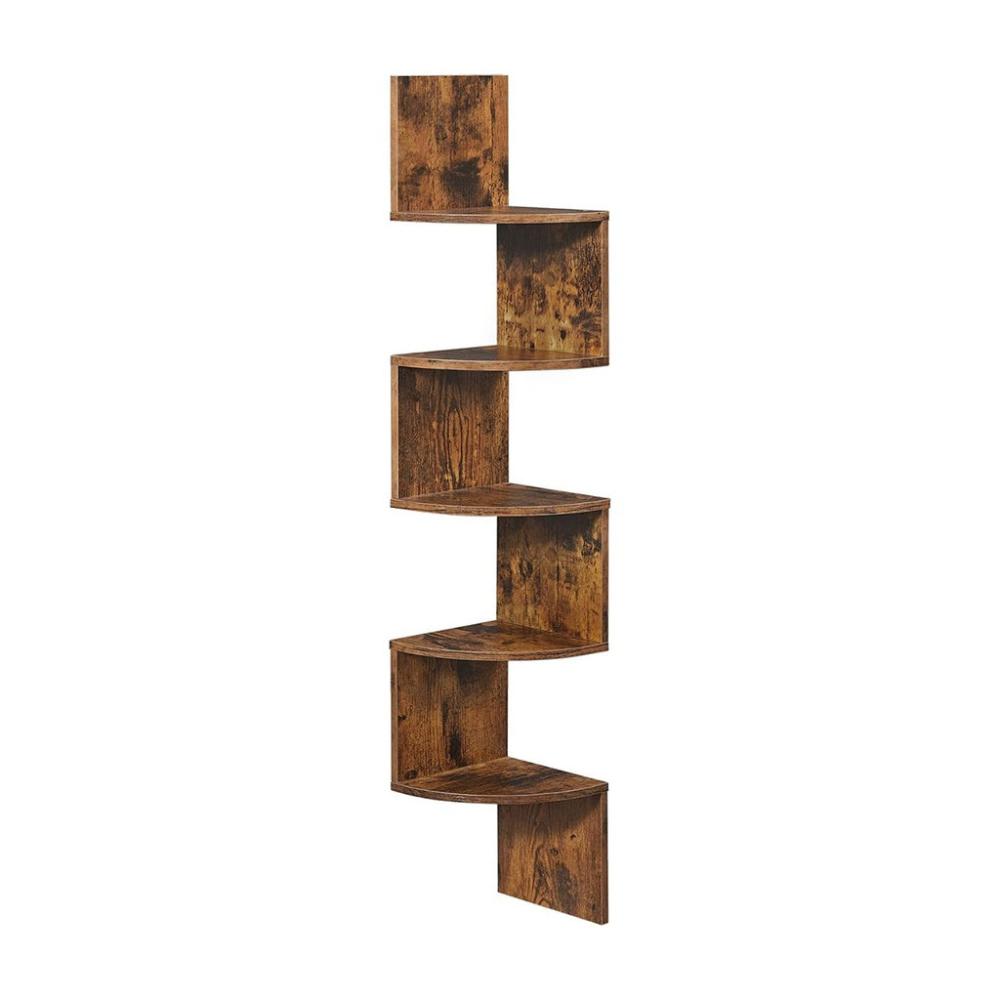 Corner Shelf 5-Tier Floating Wall Bookshelf - Rustic Brown