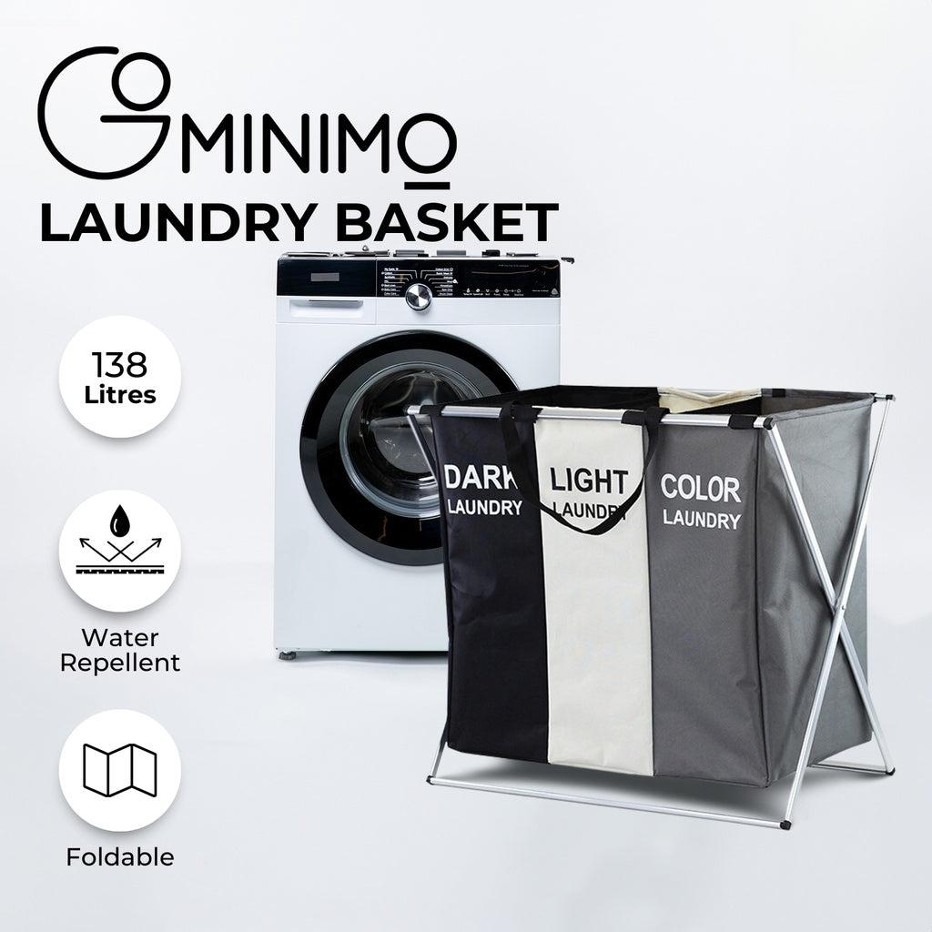 Foldable Laundry Cloth Hamper with 3 Sections - 135L (White + Grey + Black)