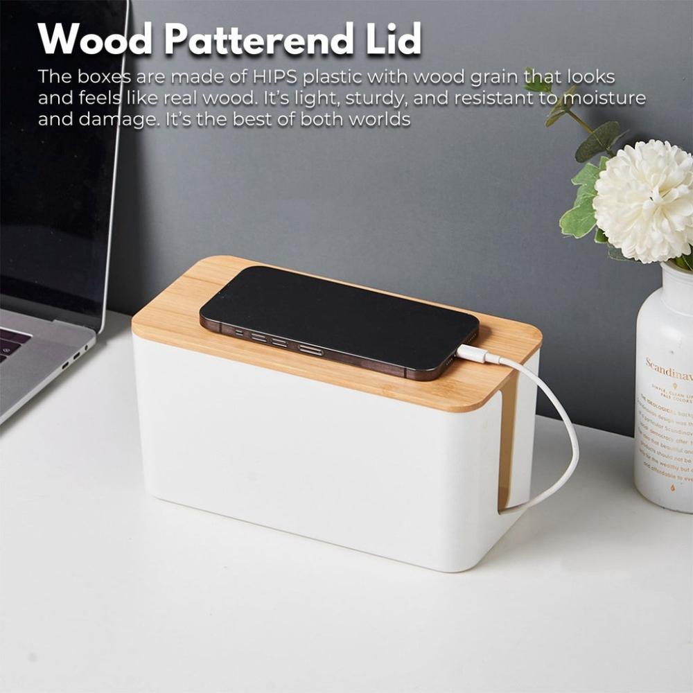 Set of Two Cable Management Box with Bamboo Lid (White)