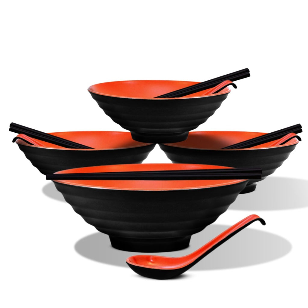 Noodle Soup Bowl Dishware - 4 Sets (12 Piece) (Red and Black)