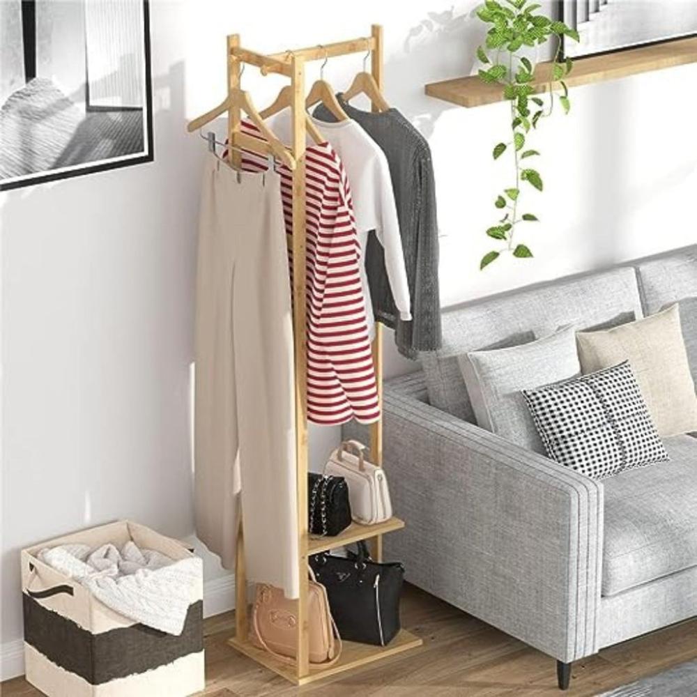 Bamboo Clothing Rack with 3 Hanger Hooks (Natural Wood)