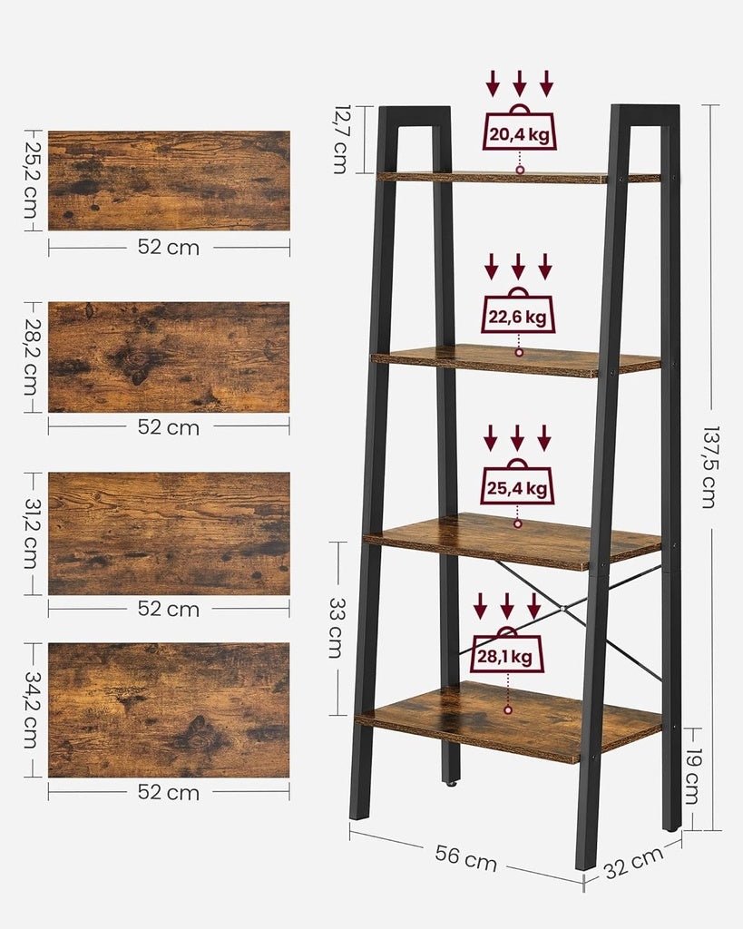 Ladder Shelf 4-Tier Industrial Storage Rack - Rustic Brown and Black