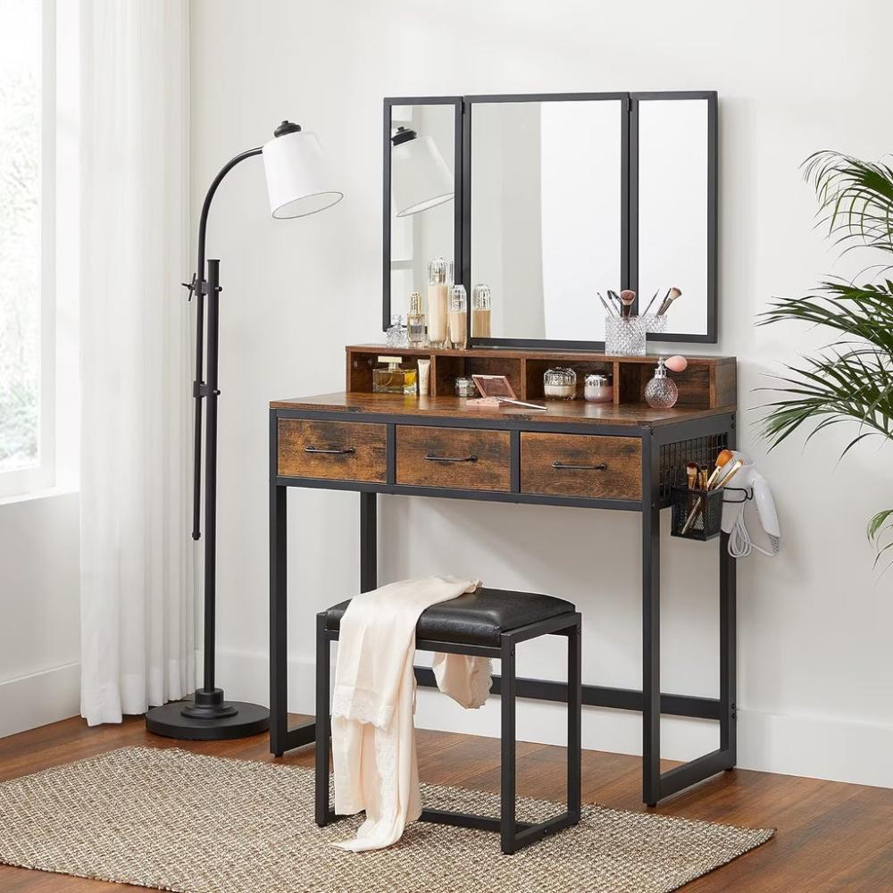 Dresser Table with Trifold Mirror - Rustic Brown and Black