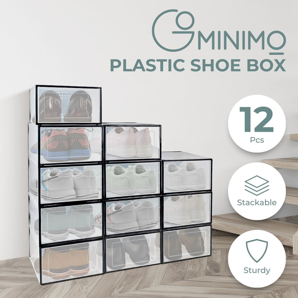 12pcs Medium Size Transparent Plastic Shoe Box - Black