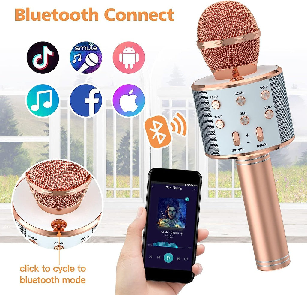 4 in 1 Wireless Bluetooth Karaoke Microphone with Record Function (Rose gold)