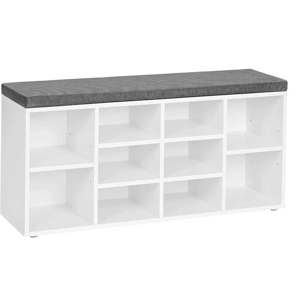 Storage Shoe Bench 10 Compartments with Cushion - White and Gray