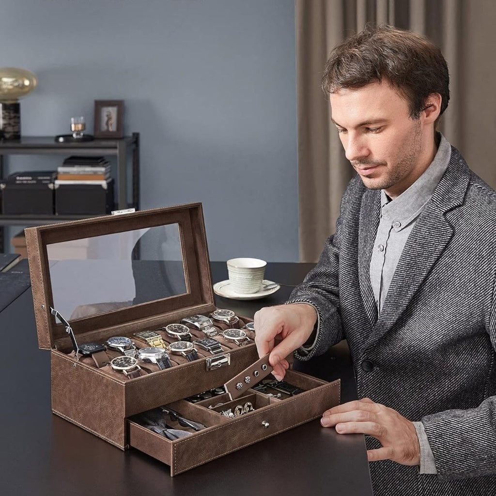 2-Tier Watch Box for 12 Watches with Glass Lid