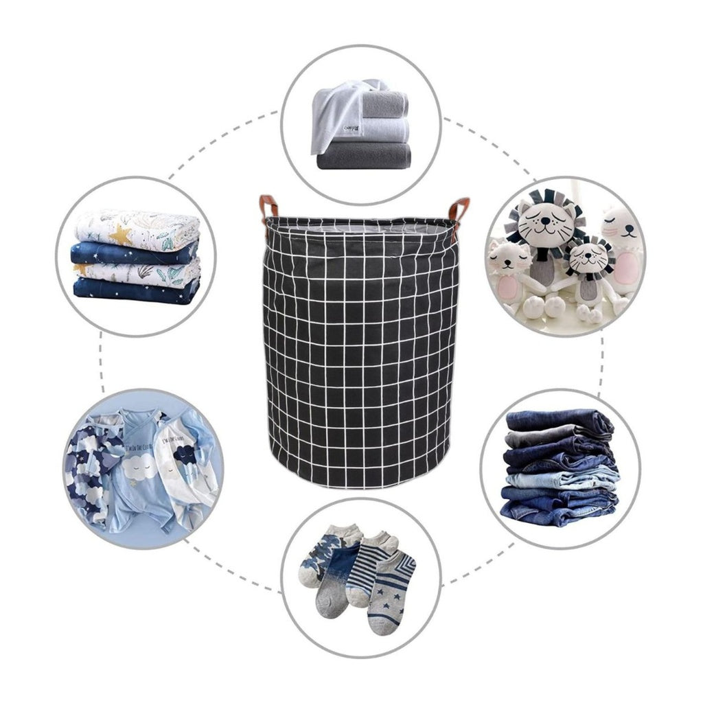 Laundry Basket Round Foldable (Black Square)