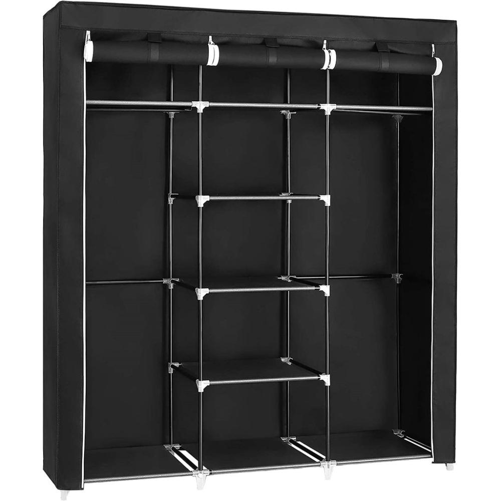 Folding Wardrobe Fabric Cabinet with 2 Clothes Rails Black