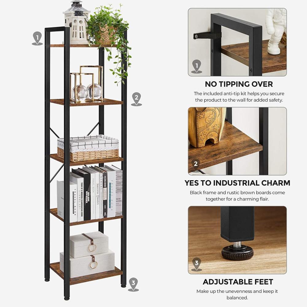 Hallway 5 Tier Bookshelf - Rustic Brown and Black