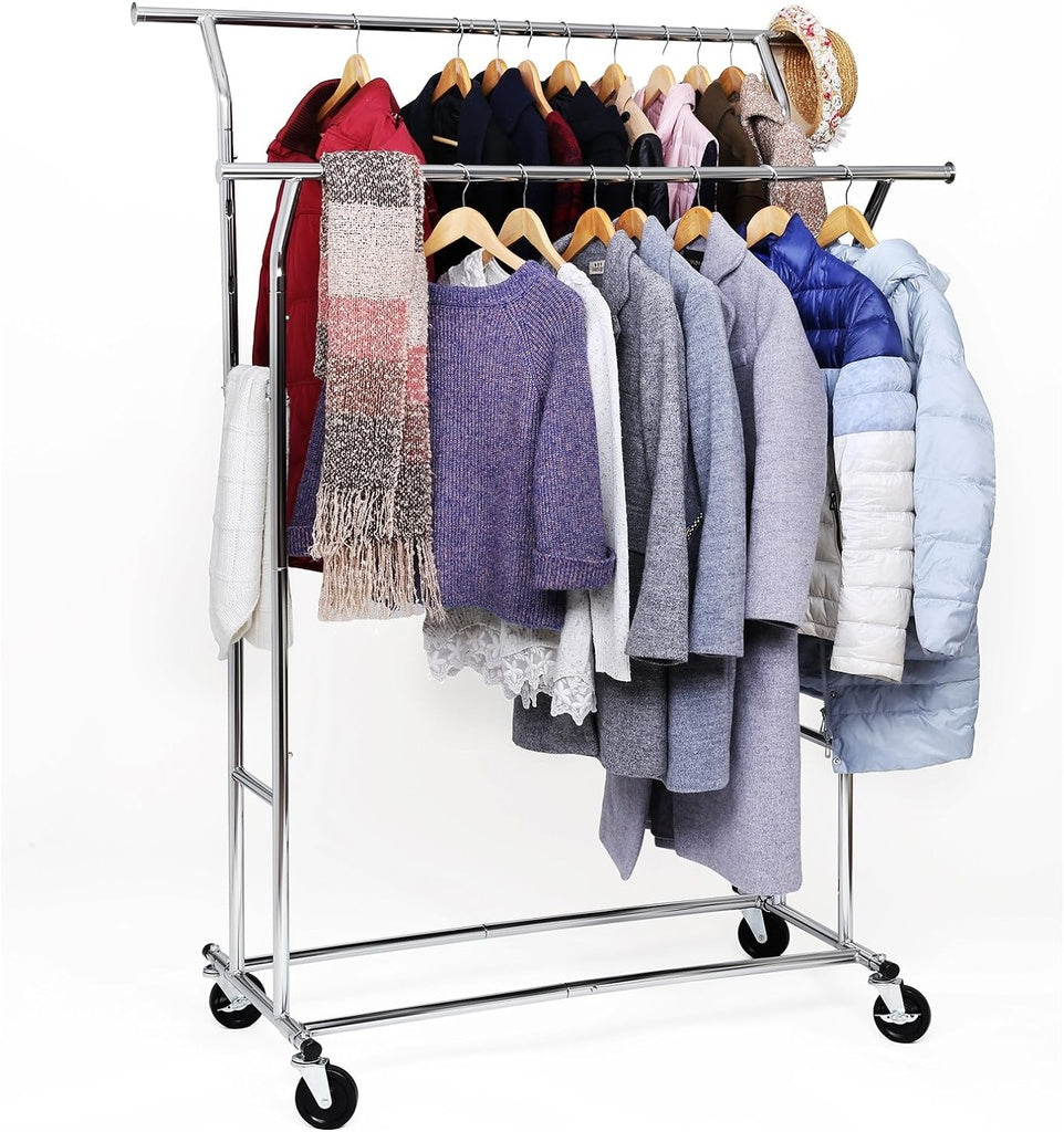 Metal Clothes Rack Stand on Wheels Heavy Duty - Silver