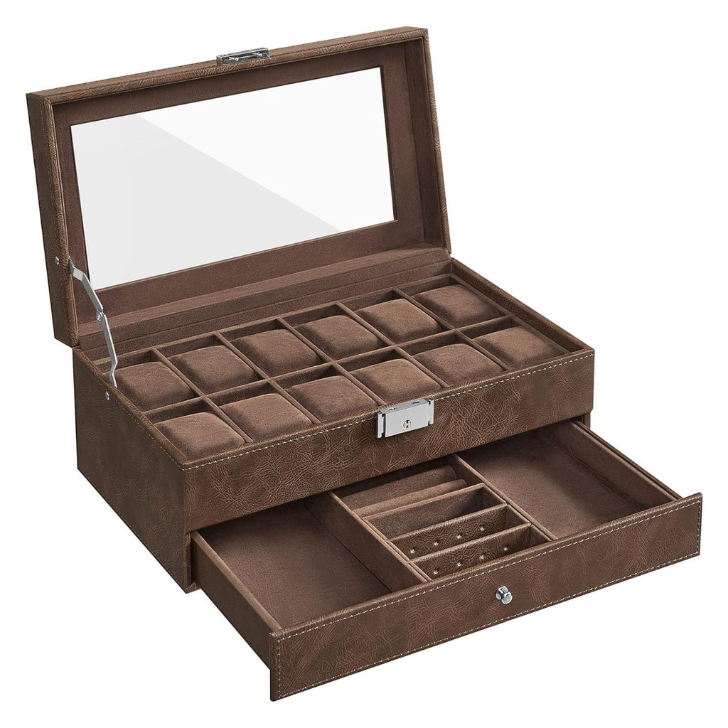 2-Tier Watch Box for 12 Watches with Glass Lid