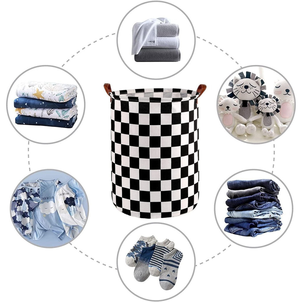 Laundry Basket Round Foldable (Checkered)