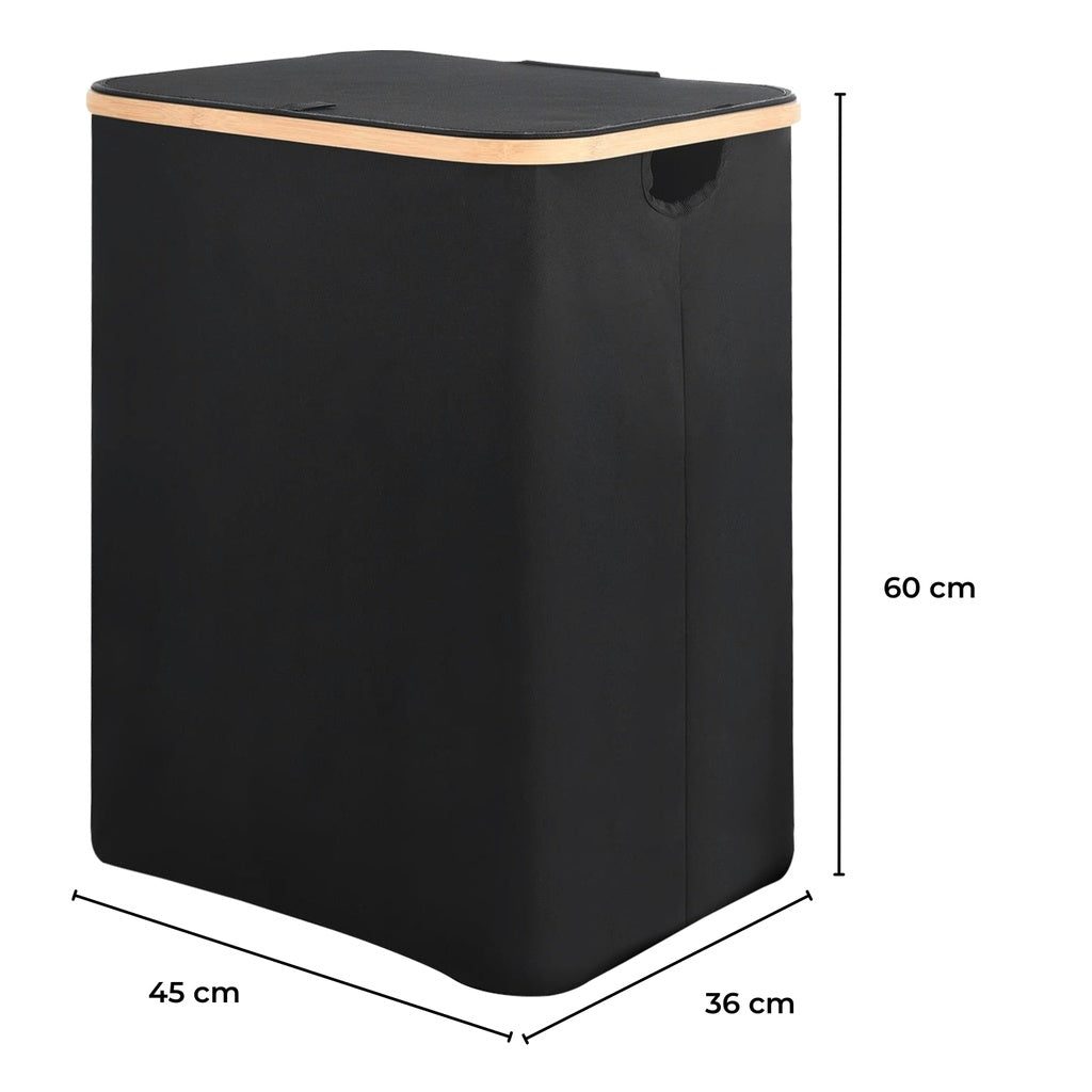 Folding Bamboo & Canvas Laundry Hamper with Single Lid - Black