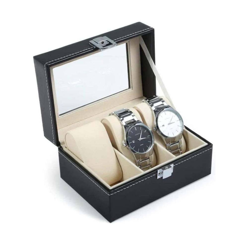 3 Slot Watch Display Box PU Leather - Black