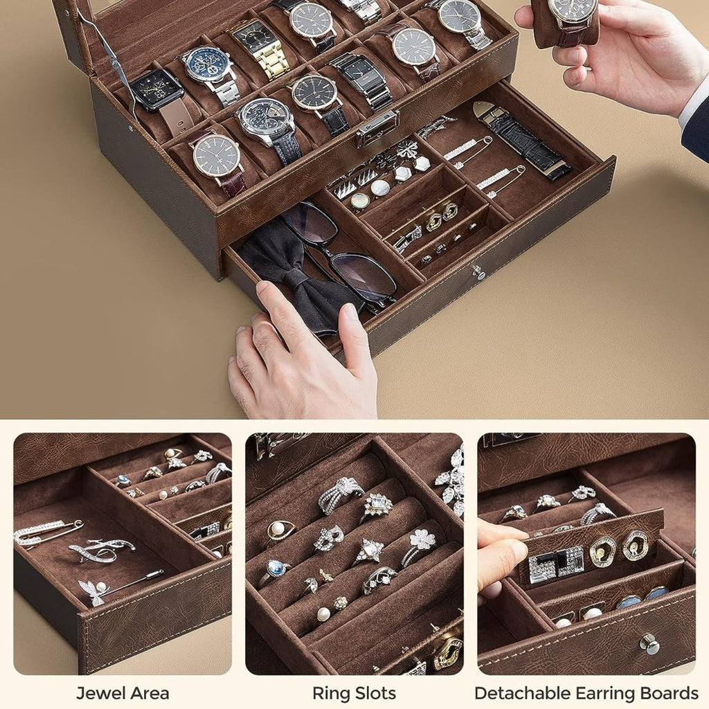 2-Tier Watch Box for 12 Watches with Glass Lid