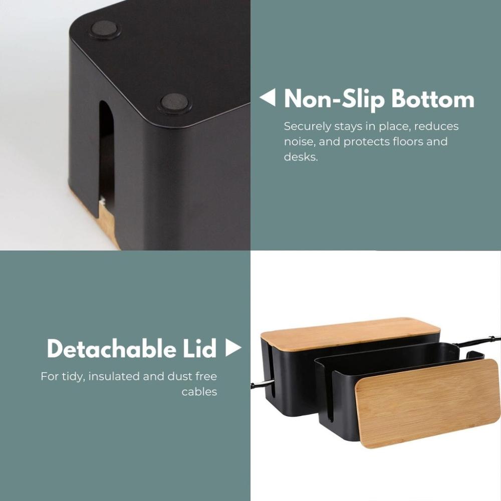 Set of Two Cable Management Box with Bamboo Lid (Black)