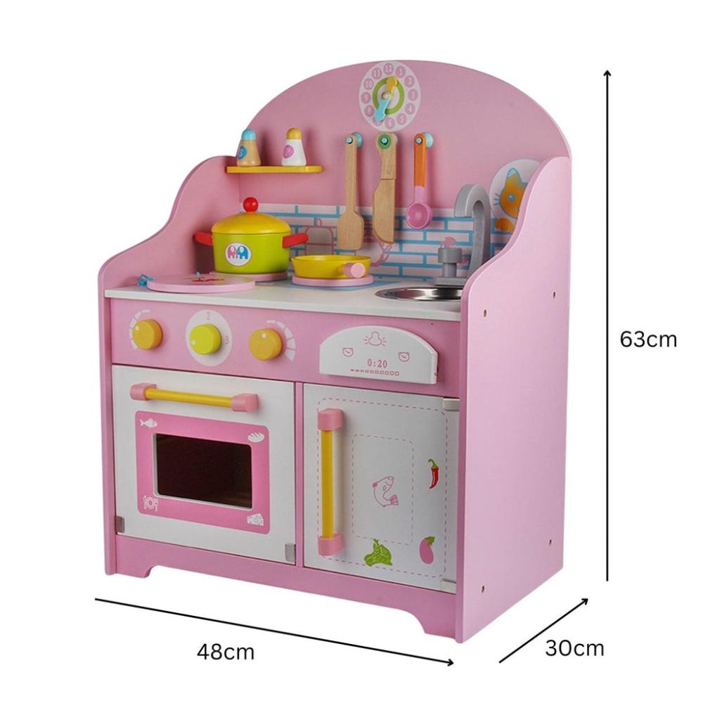 Wooden Kitchen Playset for Kids with Clock (Japanese Style Kitchen Set - Pink)