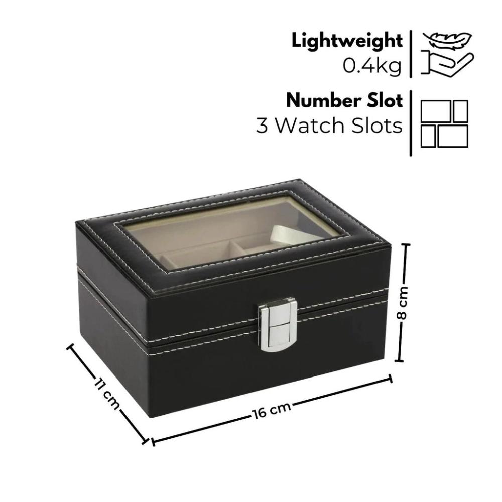 3 Slot Watch Display Box PU Leather - Black