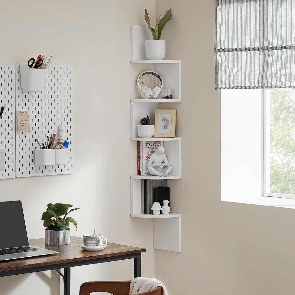 5-Tier Floating Corner Bookshelf - Rustic White