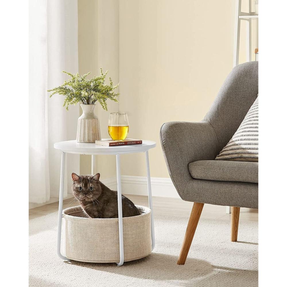 Small Round Side End Table with Fabric Basket - White and Beige