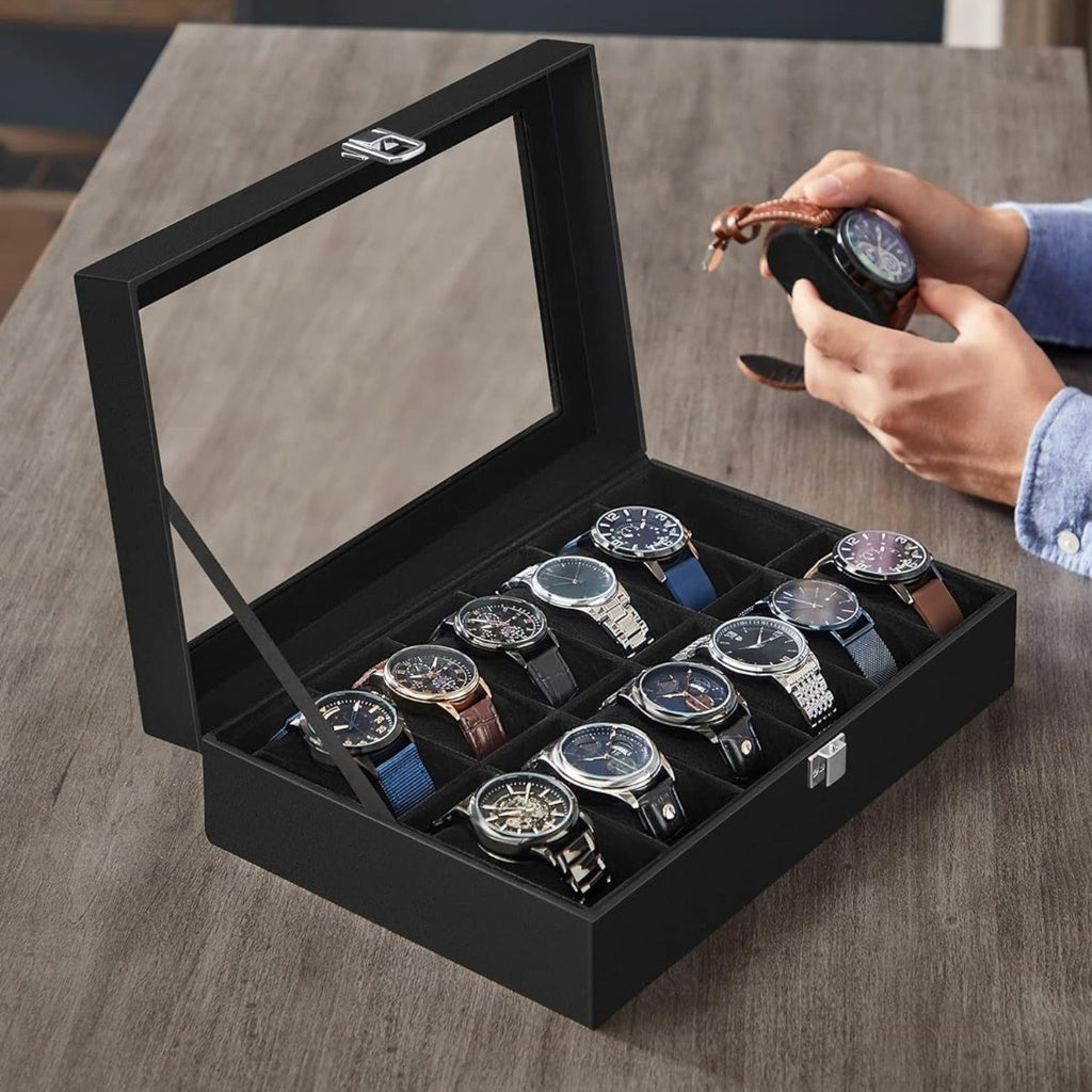 12-Slot Watch Box with Large Glass Lid