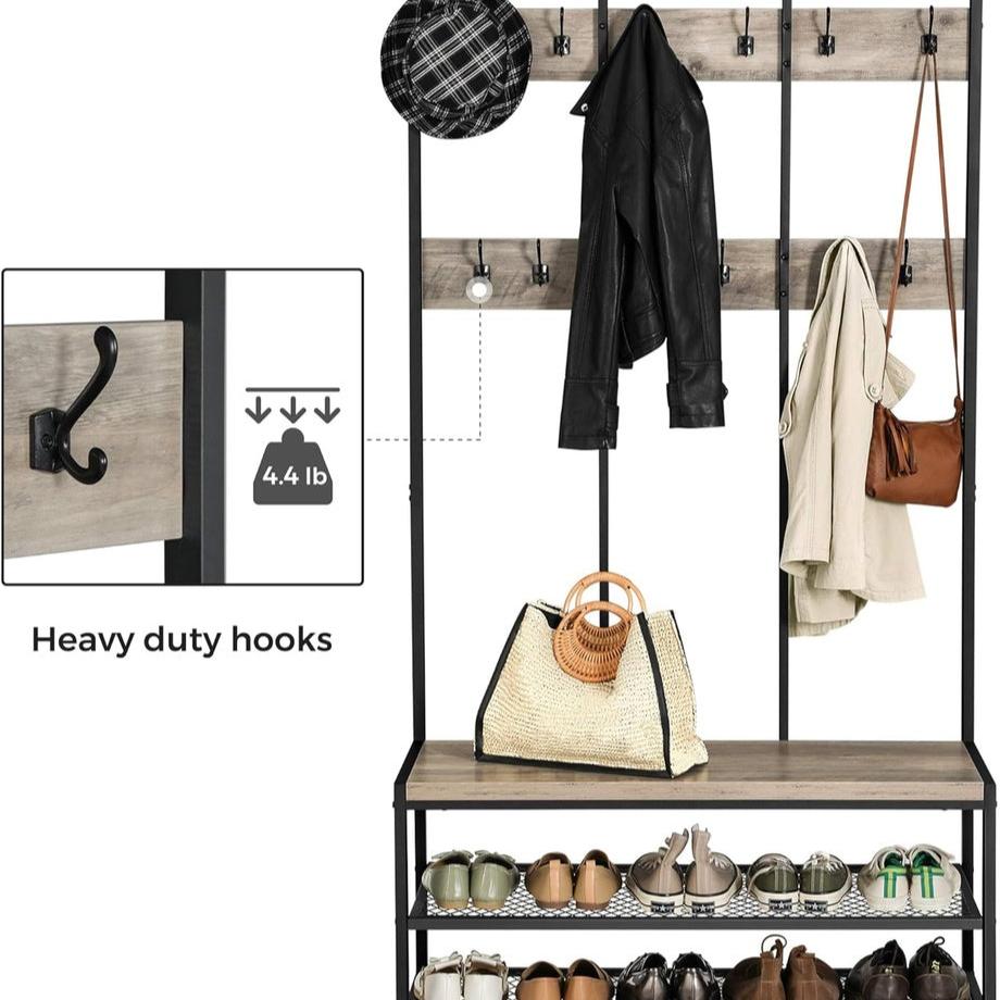 Large Coat Rack Stand with 12 Hooks - Greige and Black