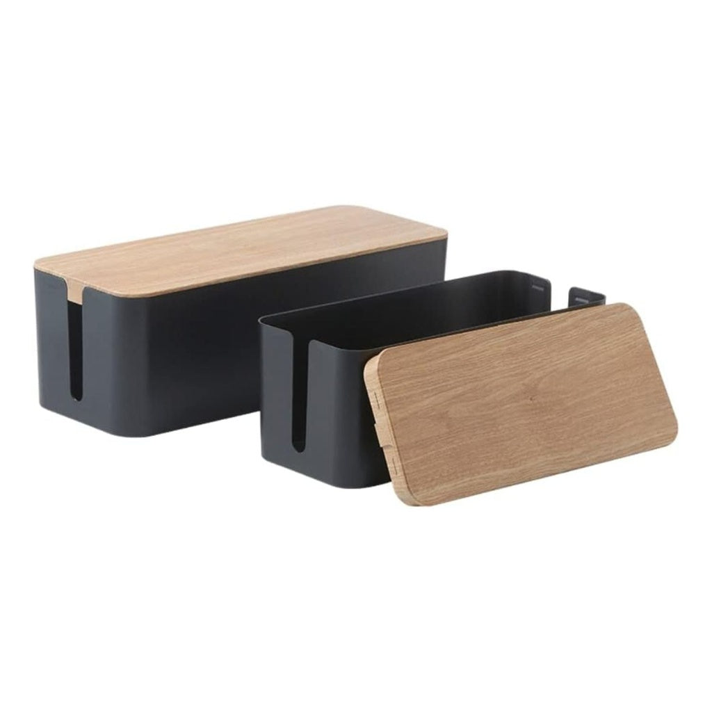 Set of Two Cable Management Box with Wood Pattern Lid -Black