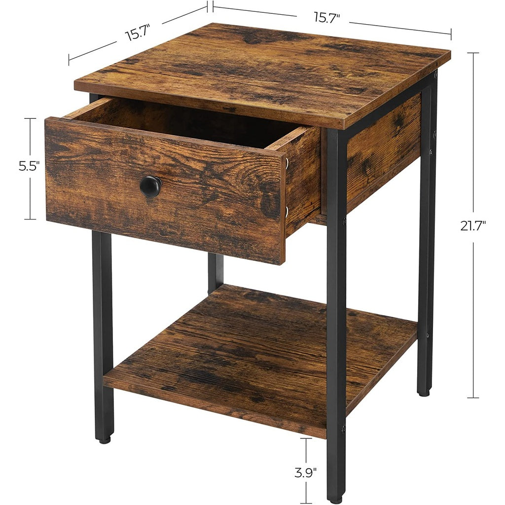 End Table with Drawer and Shelf - Rustic Brown and Black