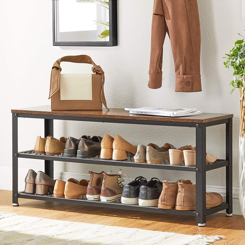 3 Tier Shoe Storage Bench 100cms - Rustic Brown and Black