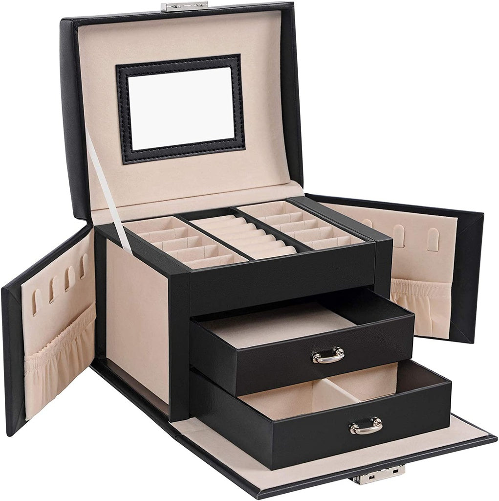 Lockable Jewellery Box Case with 2 Drawers and Mirror - Black