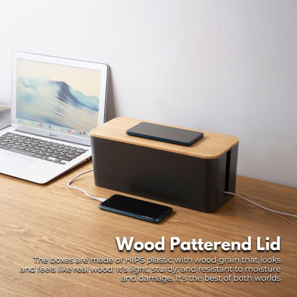 Set of Two Cable Management Box with Bamboo Lid (Black)