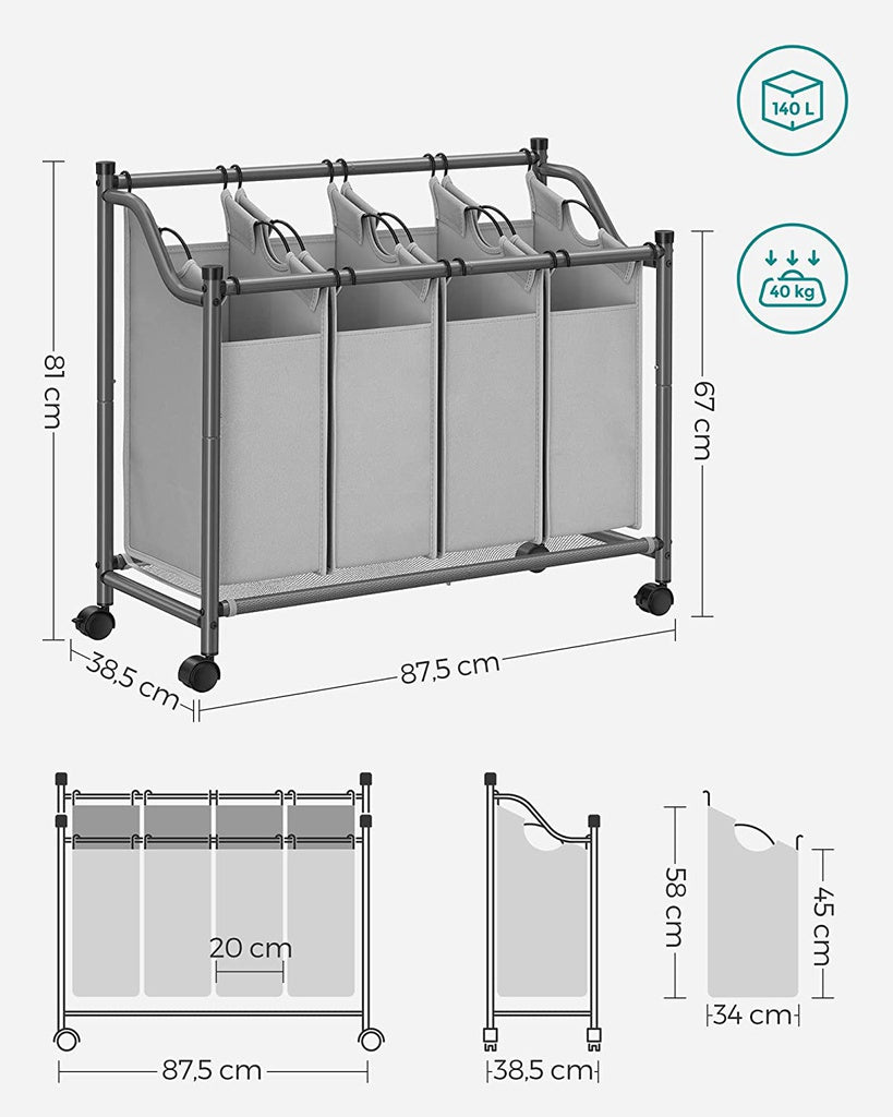 Laundry Basket with 4 Removable Laundry Bin on Wheels Gray