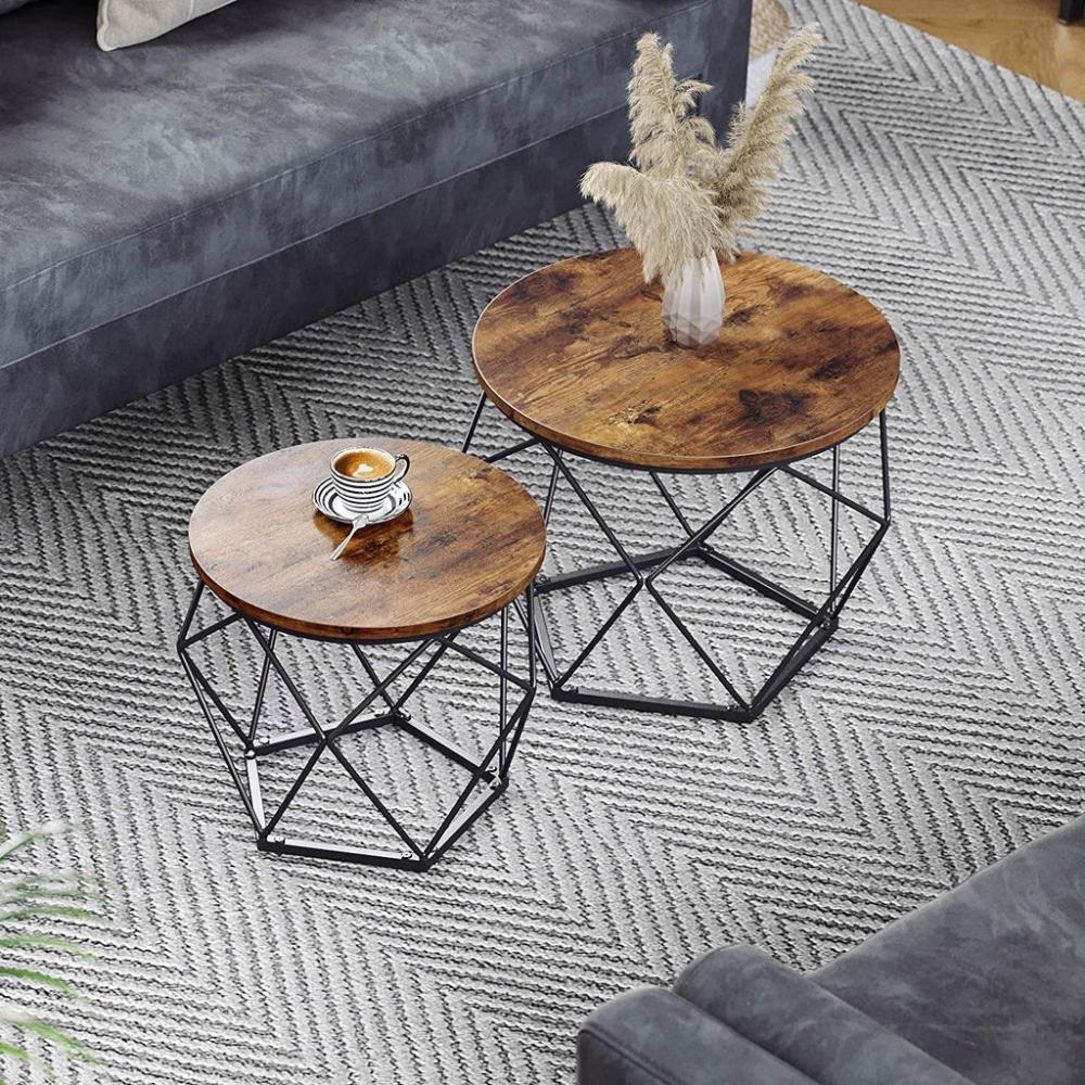 Rustic Brown and Black Coffee Tables with Robust Steel Frame - Set of 2