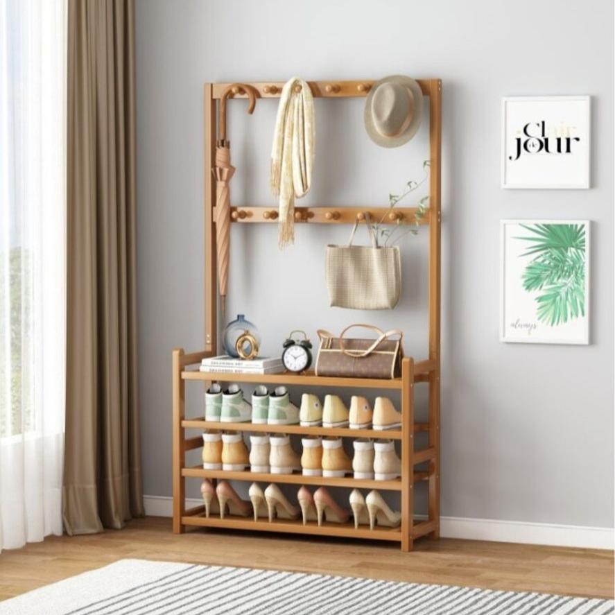 Bamboo Clothes Rack and Shoe Rack Shelves 80cm - Natural