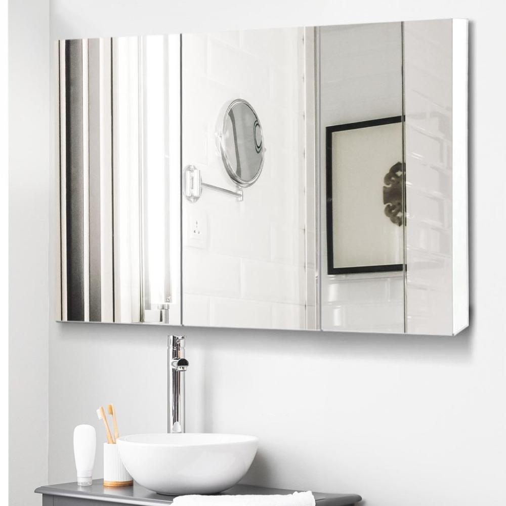 Bathroom Vanity Mirror with Triple Door Storage Cabinet (White)