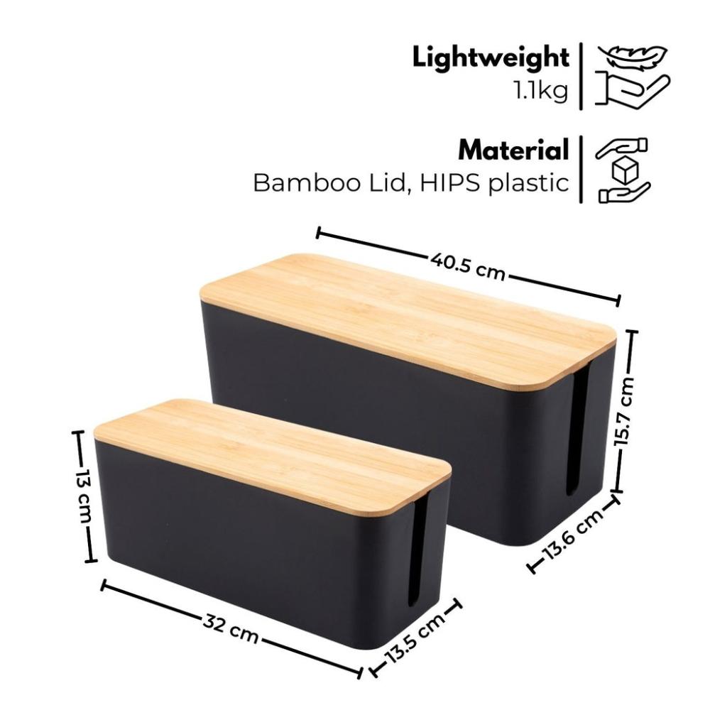 Set of Two Cable Management Box with Bamboo Lid (Black)