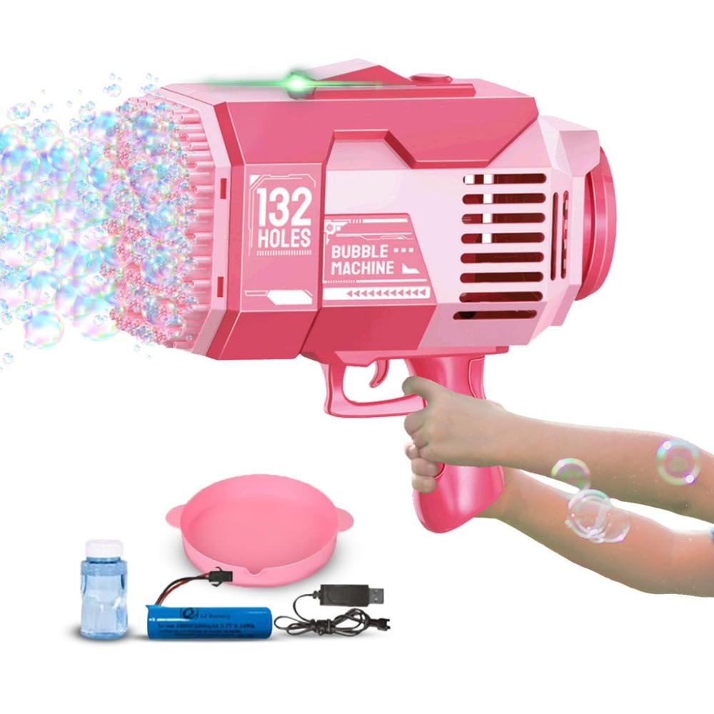 132 Holes Rechargeable Bubbles Machine Gun for Kids (Pink)