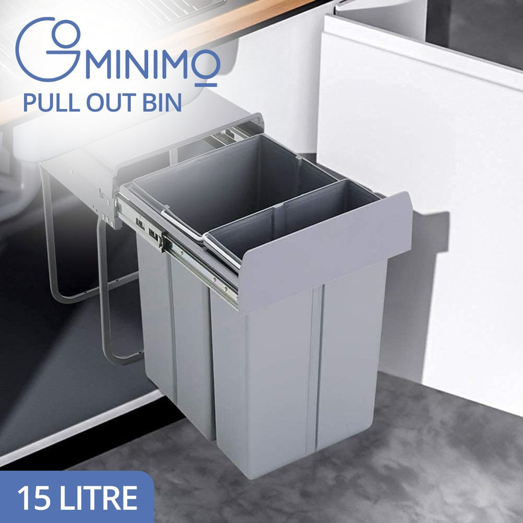 Kitchen Twin Pull Out Bin (Grey) - 2 x 15L