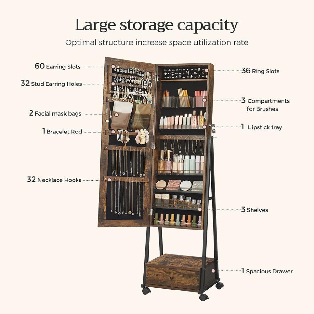 Lockable Jewelry Cabinet Floor Standing on Wheels - Rustic Brown