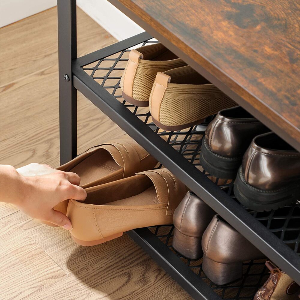 3 Tier Shoe Storage Bench 100cms - Rustic Brown and Black