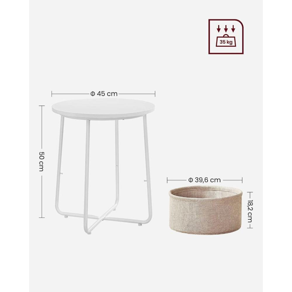 Small Round Side End Table with Fabric Basket - White and Beige