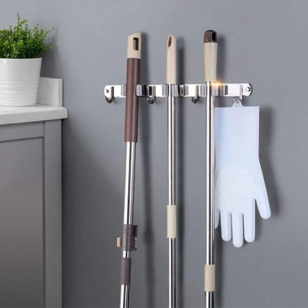 Stainless Steel Broom Wall Mount Mop Holder with 3 Racks 4 Hooks (Grey)